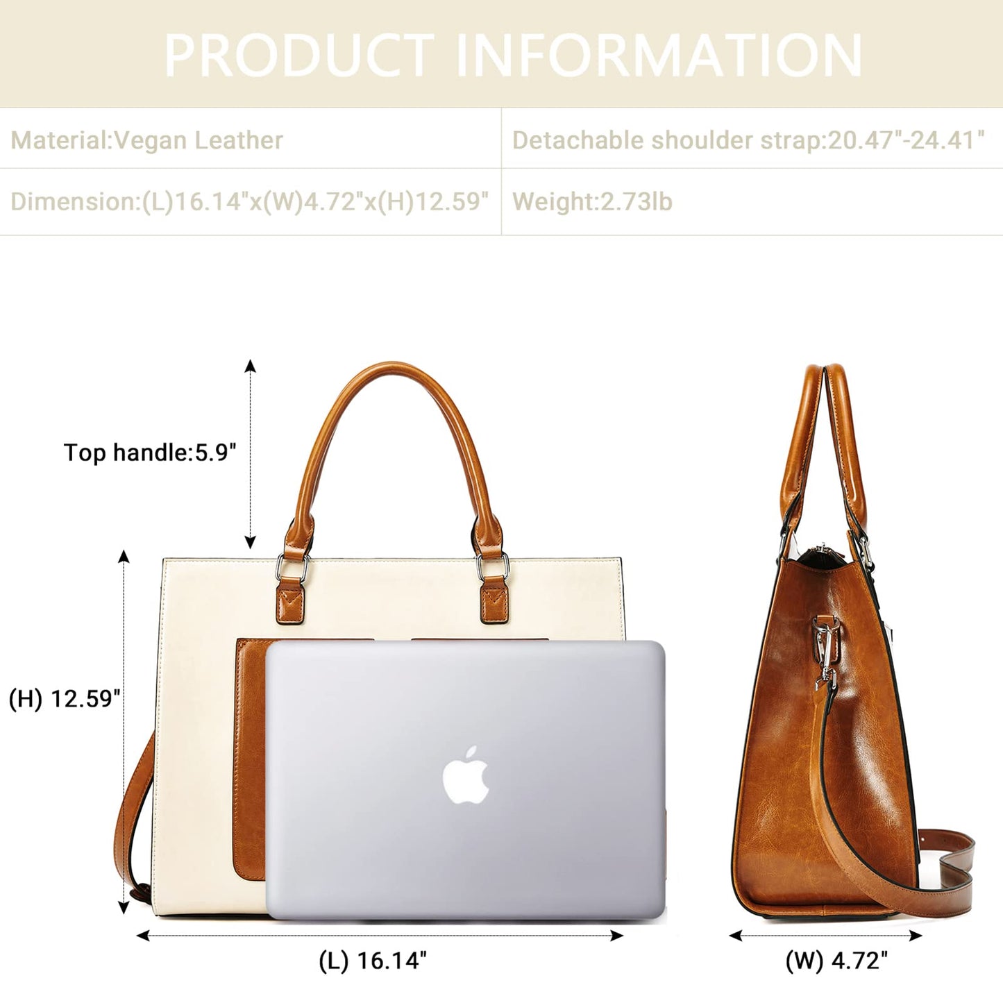 BROMEN Womens Briefcase Leather 15.6 inch Laptop Shoulder Bag Business Tote Handbag Brown with Beige