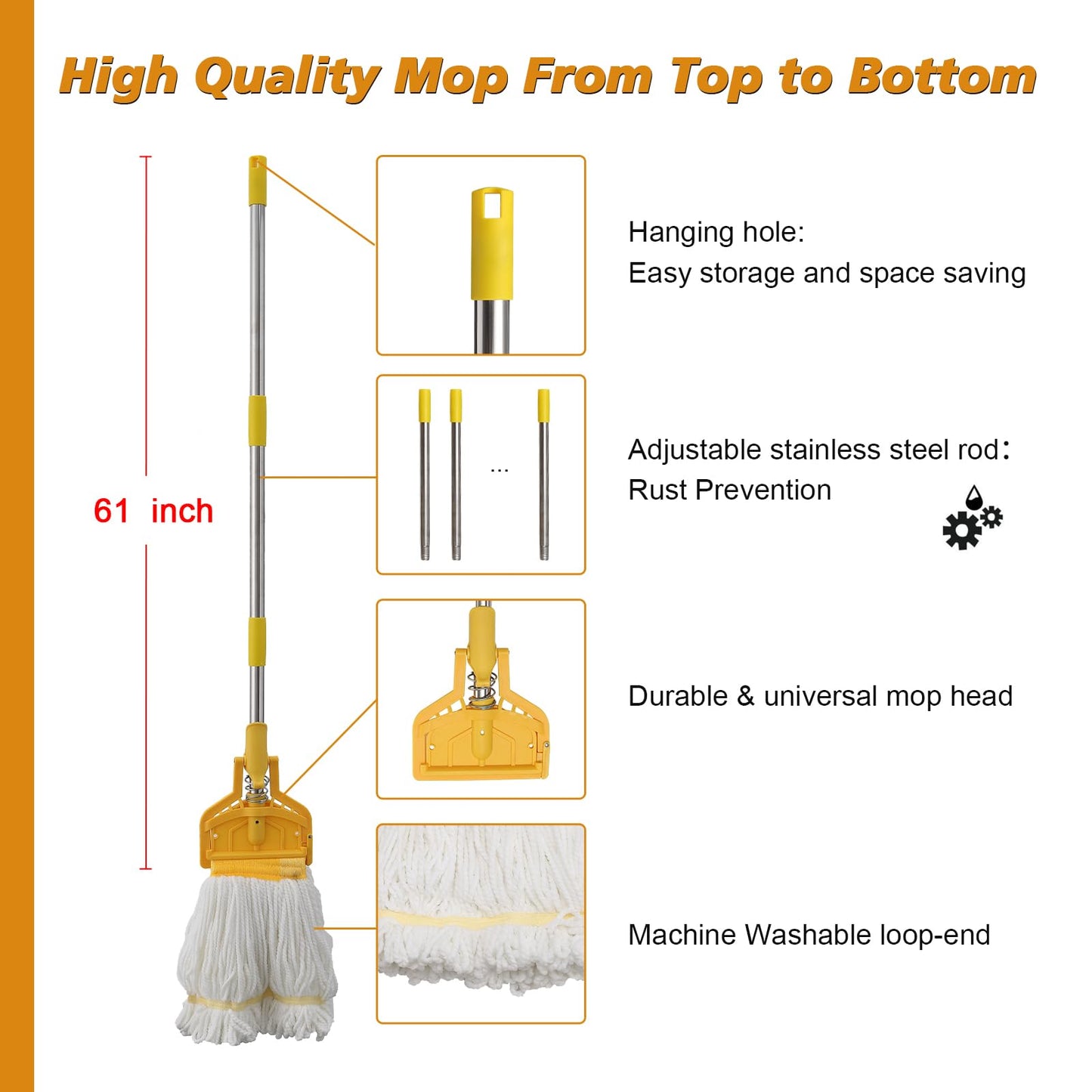 Cotton Mop+Mop Handle Commercial Heavy Duty, 61 inch Metal Commercial Mop Stick for Home, Garage,Office, Workshop, Warehouse Floor Cleaning, 1 Pack