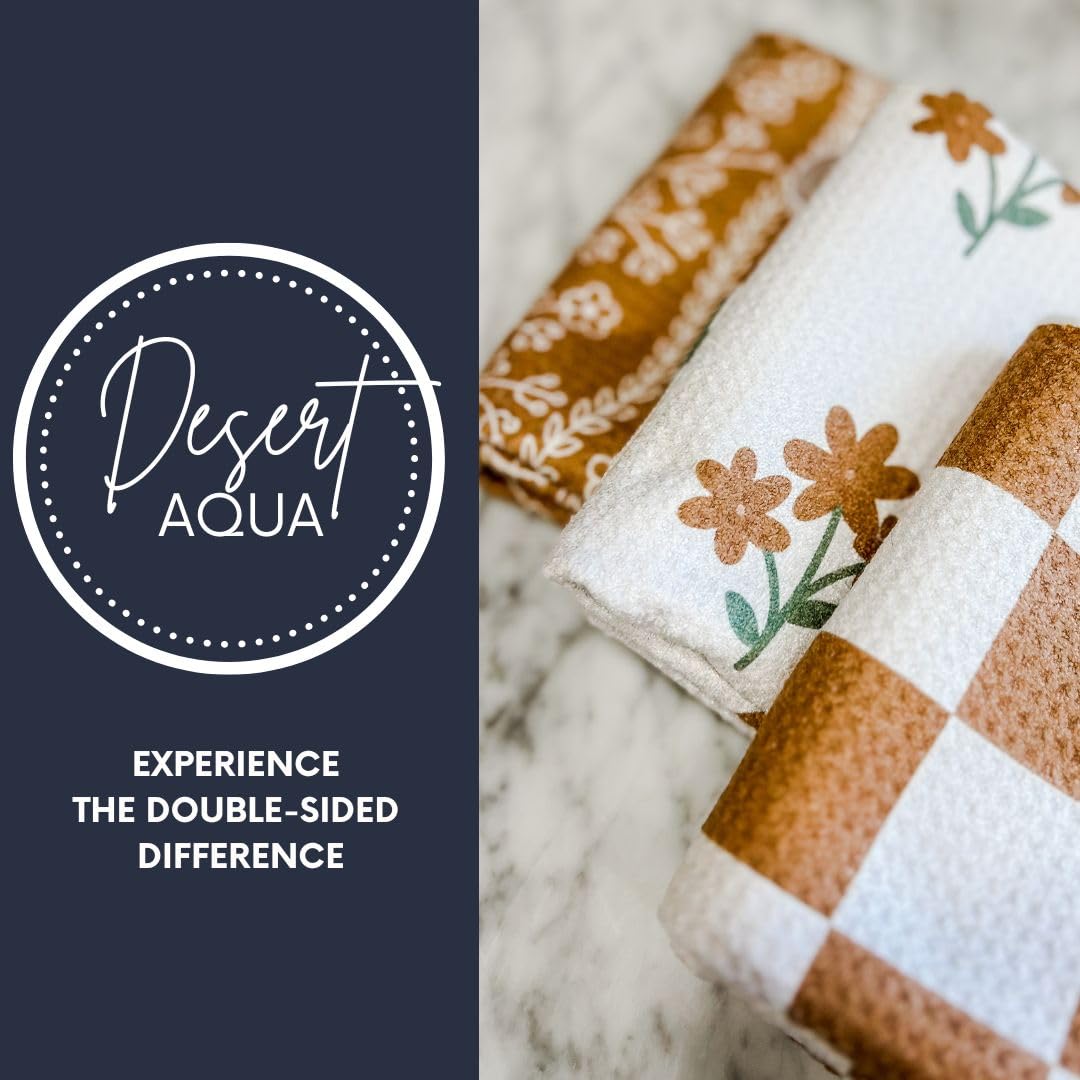 Desert Aqua || 3 Pack|| Double Sided || Not Your Ordinary Dish Towels || Waffle Weave Microfiber || Highly Absorbent || Hanging Loop || Dish Cloths || Modern || Designer Prints (Coffee)