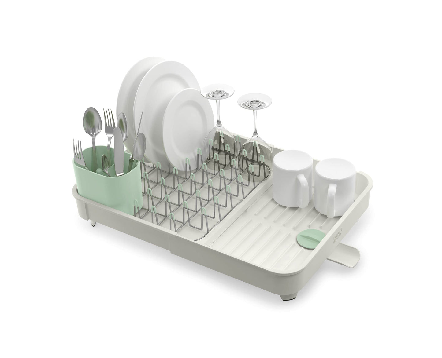 Joseph Joseph Extend Expandable Dish Drainer Rack with Removable Flatware Holder Swivel Draining Spout - Stone/Sage Green
