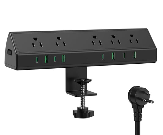 45W Fast Charging Station,Desk Clamp Power Strip,4 PD USB-C Ports,5 AC Outlets,Surge Protector Power Strip, 14AWG Heavy Duty Cord, Fits 1.9" Tabletop Edge (Black, 6 FT Cable)