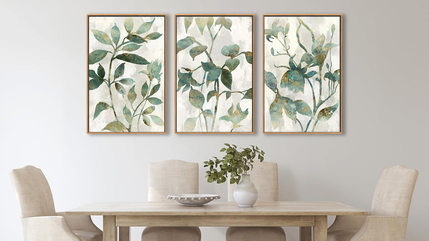 Large Framed Canvas Wall Art - Natural Float Framed Rustic Green Flowers Leaves Pictures Paintings White Grey Artwork Decor for Bedroom Living Room Kitchen Home Office Decoration 48" X 24" Set of 3