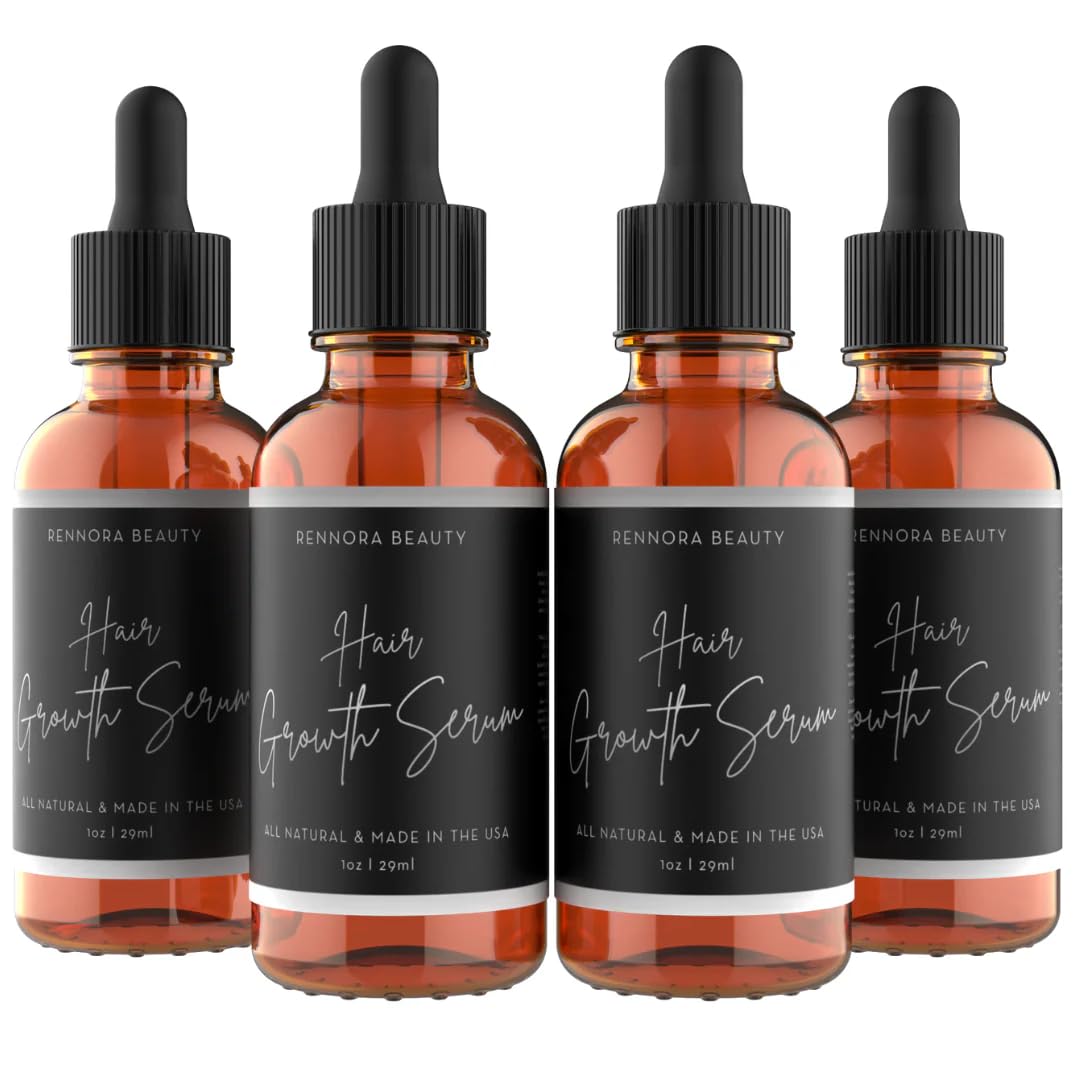 Rennora Hair Growth Serum with Organic Herbs and Natural Vitamins, Peppermint Oil, Stinging Nettle, and Rosemary Oil, No Chemicals, Formulated for Hair Regrowth (1oz per bottle, 4 Pack)