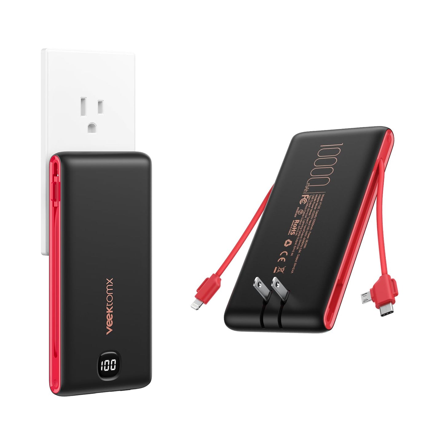 VEEKTOMX Portable Charger with Built in Cables 10000mAh, Power Bank for iPhone with AC Wall Plug, Fast Charging USB C Slim Battery Pack with LED Display Compatible with iPhone15/14/13, Samsung