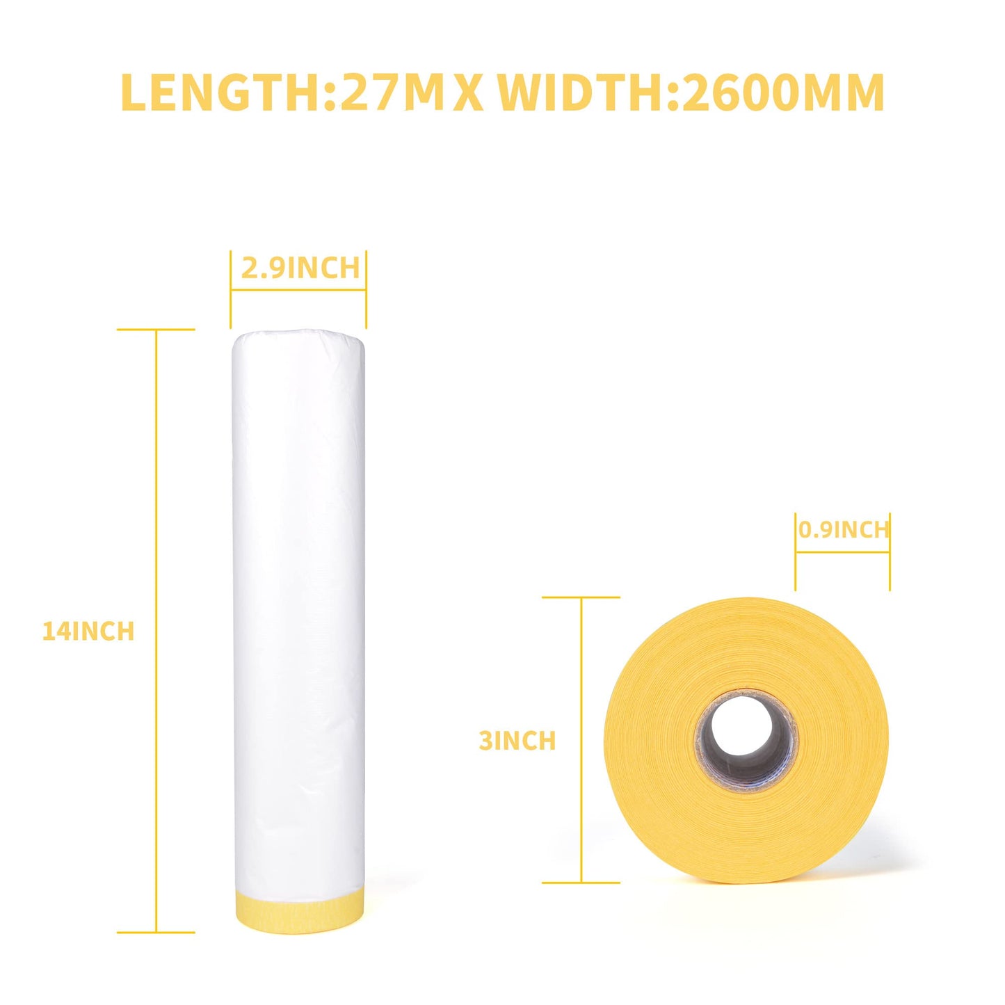 TAPEBEAR Pre-Taped Masking Film, Tape and Drape, Plastic Sheeting Roll, Automotive Painters Masking Tape Film, Plastic Sheeting Cover for Appliance and Furniture, 9feet X 90feet, 2600mmx 27m,3Rolls
