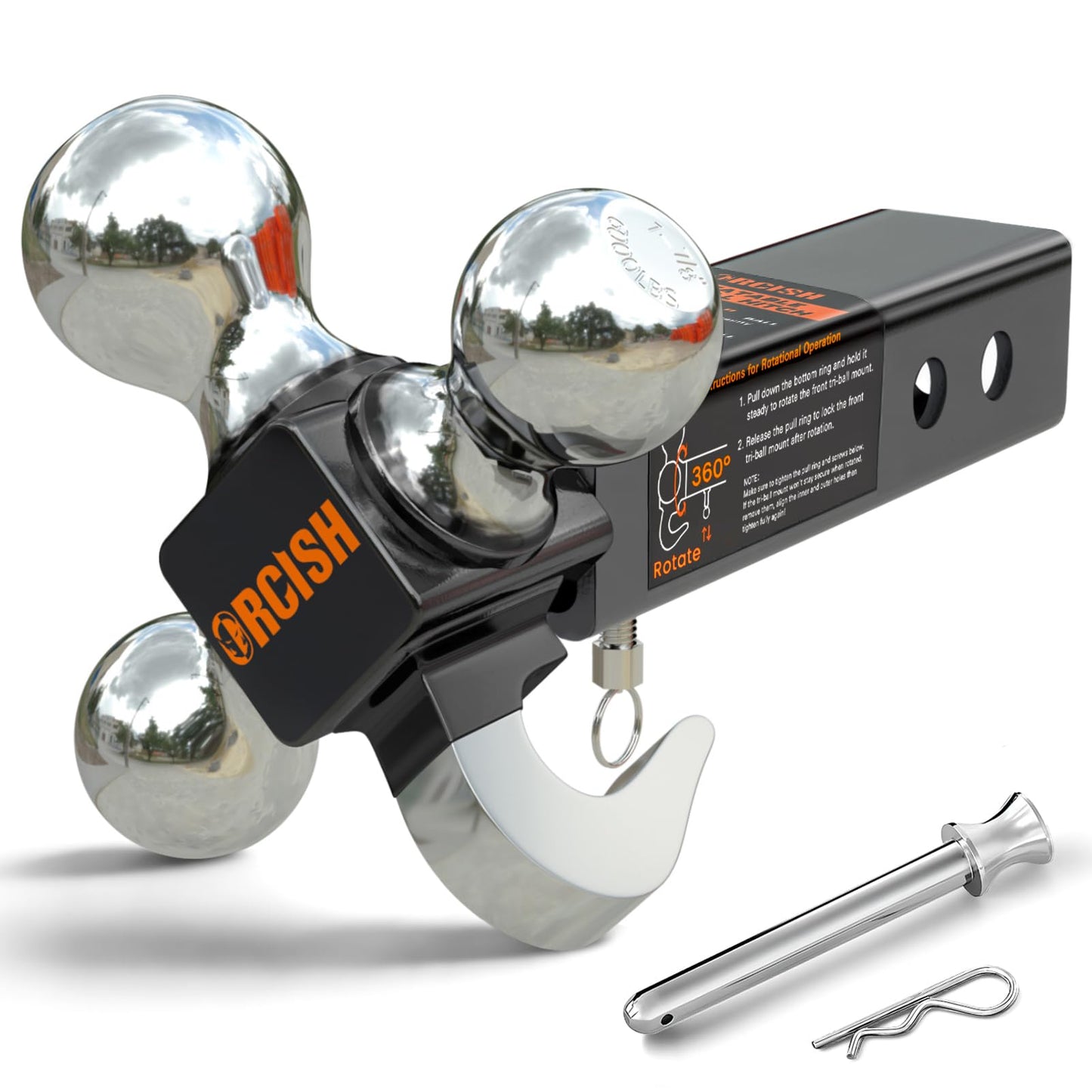 ORCISH 360° Swivel Trailer Hitch, Tri-Ball Mount with Pin & Heavy Duty Hook, Chrome-Plated Trailer Ball Size 1-7/8", 2" and 2-5/16", Fit 2 Inch Hitch Receiver, Rotating Ball Hitch, Towing Hitch