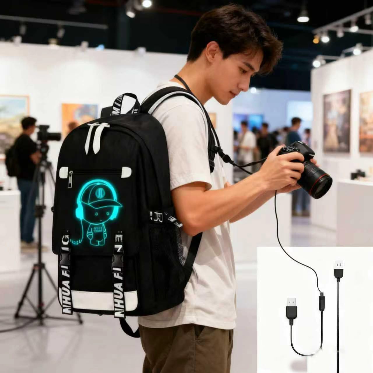 RM Family School Backpack for Boys Print Backpack Teenagers Anime Large School Bag Outdoor Reflective Daypack.Luminous Pattern Travel Laptop Backpack - With Usb Charging Port Headphone port