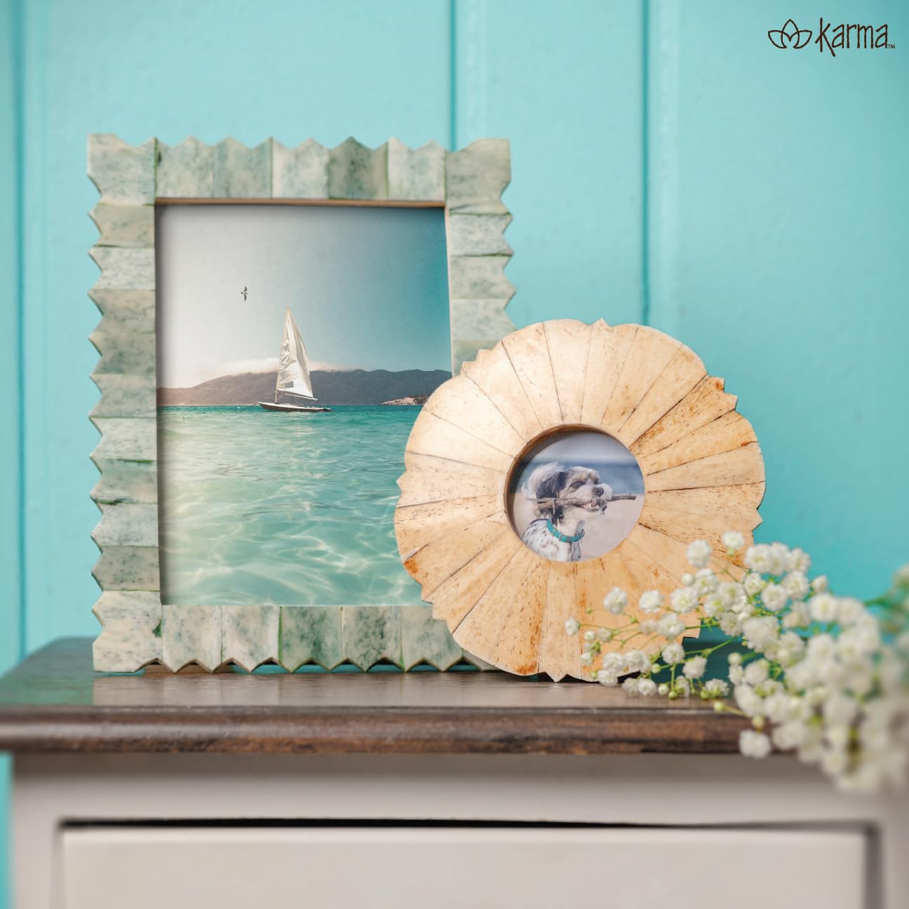 Karma, Natural Bone Picture Frame Round, 4x4 Photo Frame for Tabletop Desktop Display, Cream Floral