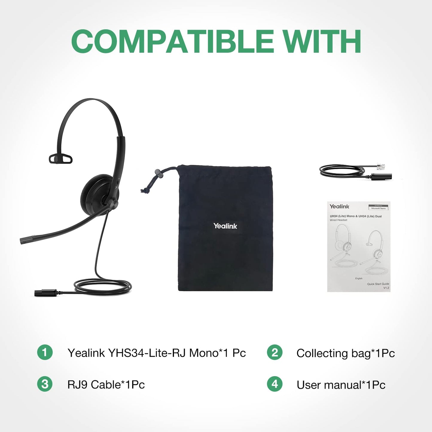 Yealink Phone Headsets for Office Phones YHS34 Lite QD to RJ9 Wired Headset Compatible with Poly Snom Grandstream Phones Desk Landline Headset with Microphone -Mono/68g/2.1m Cable