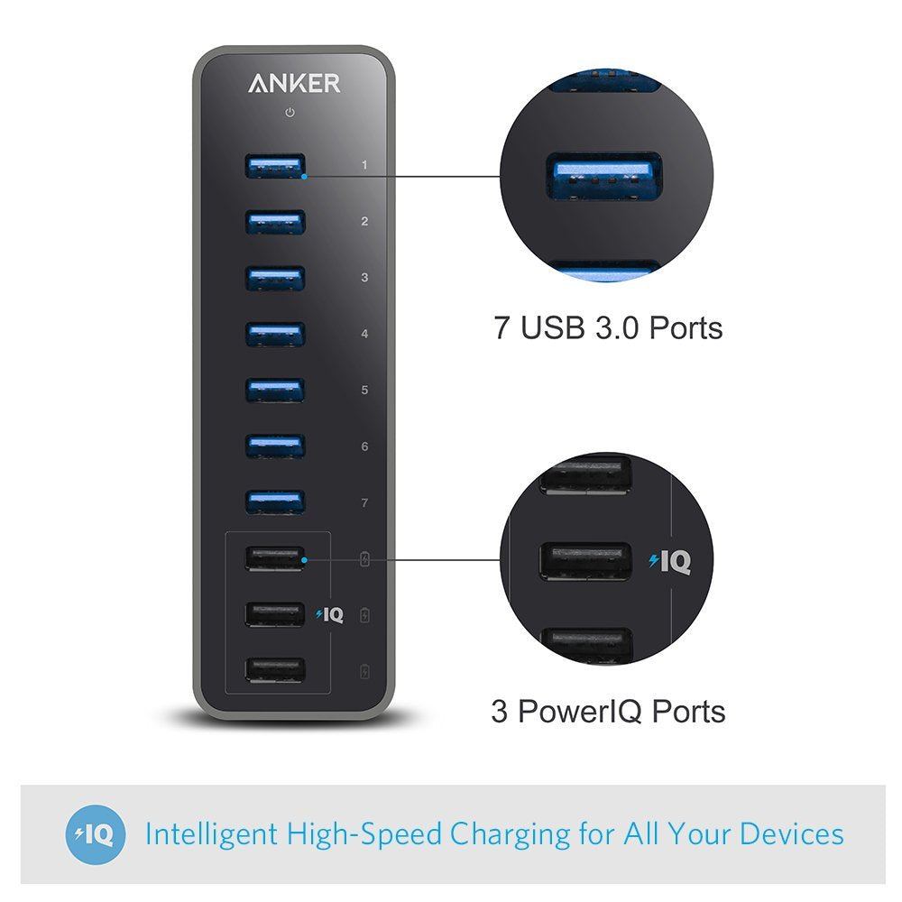 Anker USB Hub, USB 3.0 Hub, 10 Port 60W Data Hub, with 7 USB 3.0 Ports, 3 PowerIQ Charging Ports, Compatible with MacBook, iMac, Dell XPS, Surface Pro, iPhone, iPad Air, Galaxy Series, Mobile HDD
