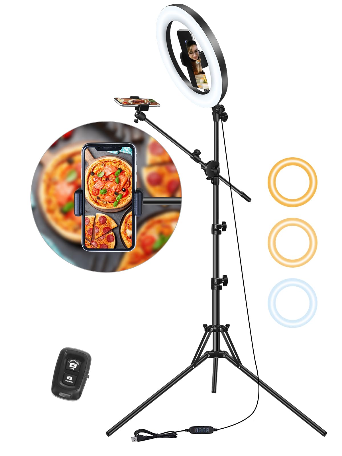 LUXSURE Ring Light with Stand for Phone, Ring Light Tripod for iPhone with Light, Overhead Camera Mount 10.5" with Remote, Phone Tripod with Light for Video Recording/Live Streaming/Cooking