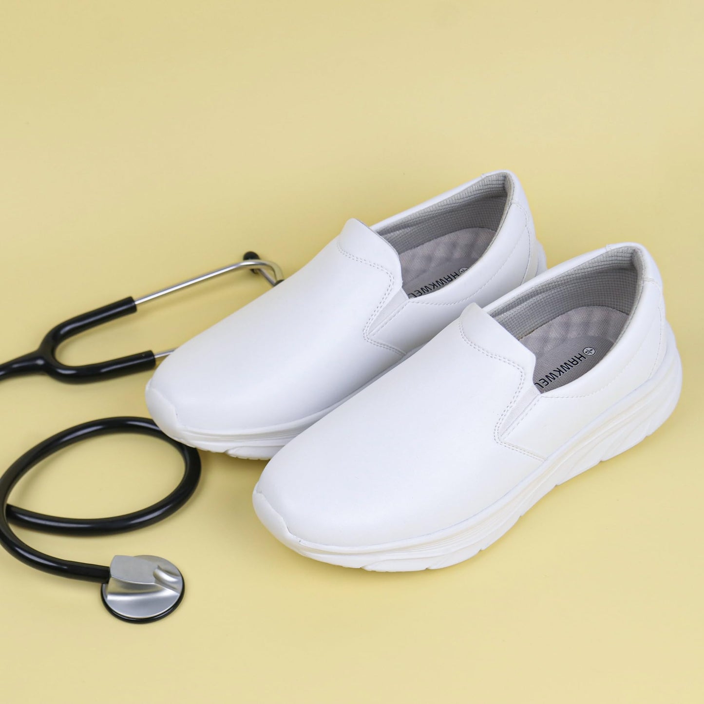 Hawkwell Men's Slip On Arch Support Lightweight Slip Resistant Comfortable Nursing Shoes,Synthetic Leather White,11 M US