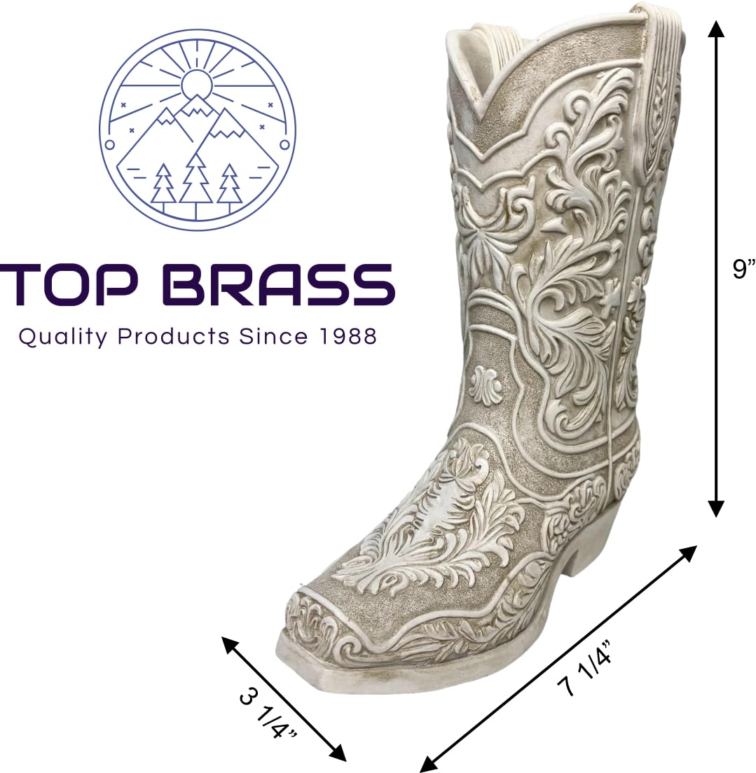 Cowgirl Boot Flower Vase – 9” Tall Antique White Finish with Intricate Tooled Leather Detailing - Decorative Western Cowboy Modern Rustic Decor