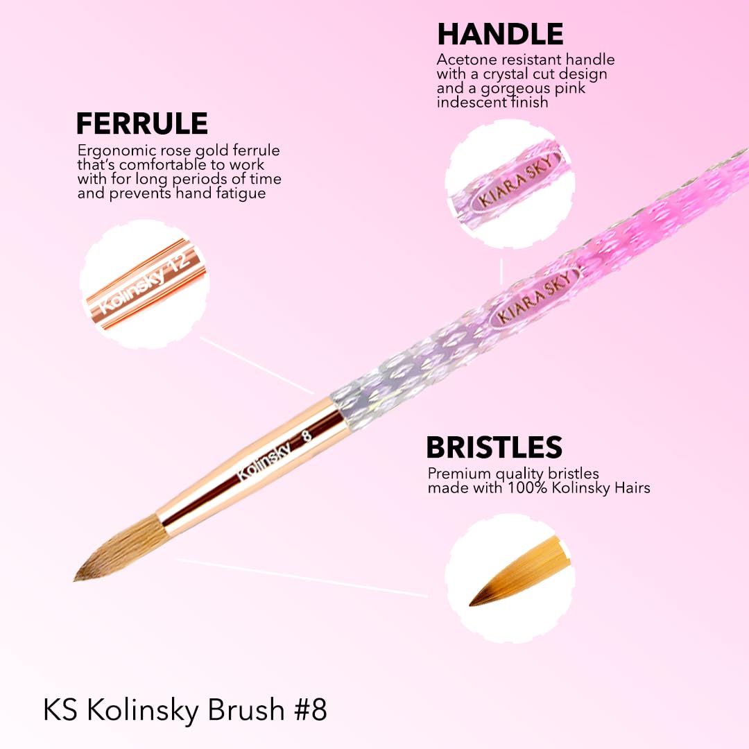 Kiara Sky 100% Pure Kolinsky Acrylic Brush, Crystal Cut Handle and Acetone Resistant #8 - Pink