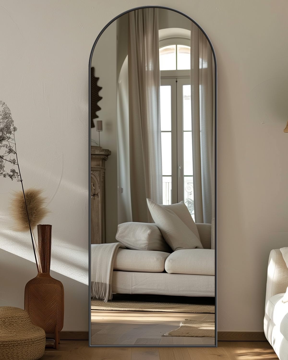 Antok Arched Full Length Mirror, 56"x14" Black Metal Frame Floor Mirror for Bedroom Living Room, Freestanding/Wall Mount/Leaning