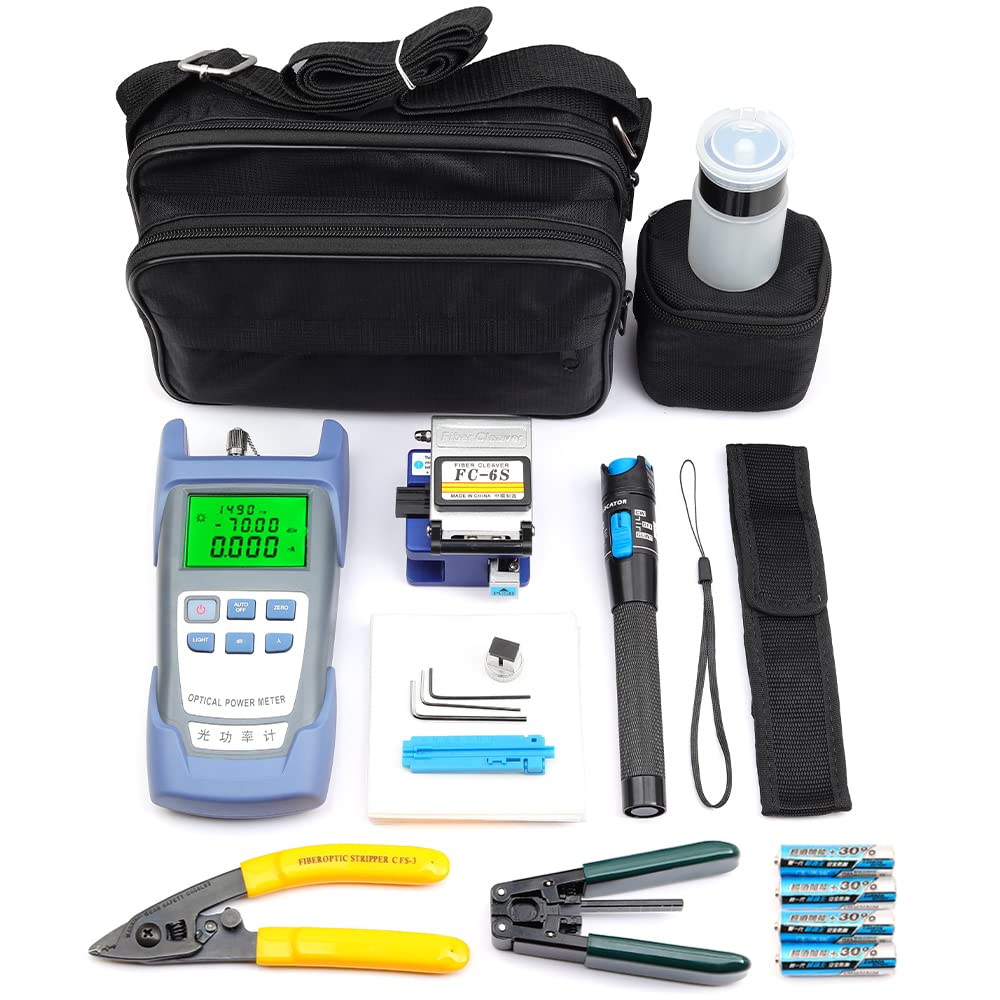 FC-6S FTTH Fiber Optic Cold Connection Assembly Termination Tools Kit Bag with Visual Fault Locator Fiber Cleaver SC FC Connector Optical Power Meter Finder Cable Tester Stripper Tool Dust Free Paper
