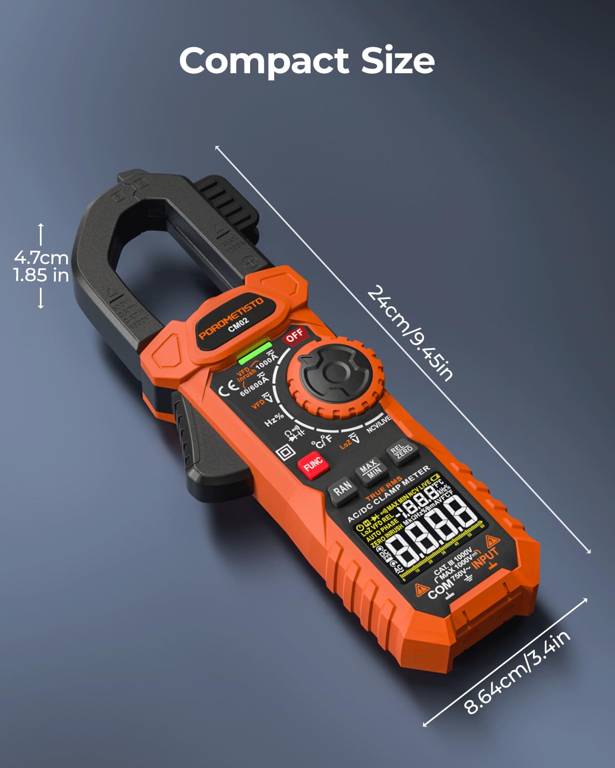 Clamp Meter POROMETISTO Digital Inrush Clamp Multimeter 1000A TRMS 6000 Counts, Amp Voltage Tester with VFD, LOZ Mode，Measures AC/DC Current Voltage NCV Temperature Resistance Capacitance Frequency