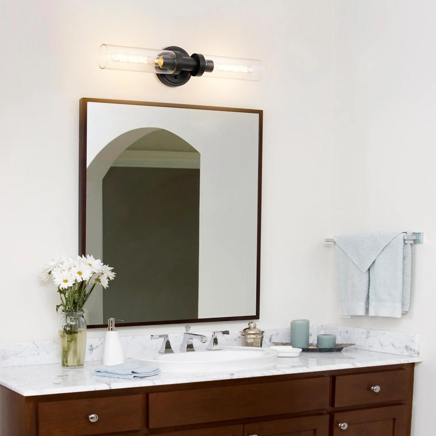 SANTOSTOCK Black Sconces Wall Lighting, Bathroom 2-Light Vanity Light W/Clear Glass Shade, Modern Wall Mounted Lights for Mirror, Makeup Vanity, Kitchen, Washroom, Hallway, E26 T10 Bulbs(Excluded)