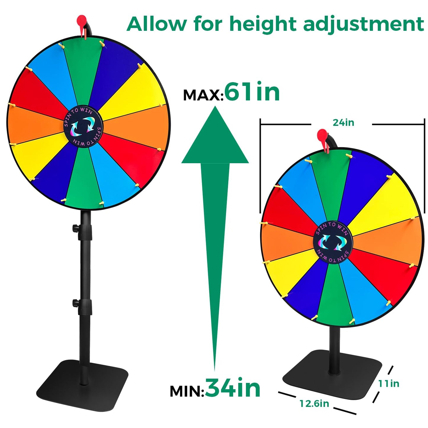 24 Inch Heavy Duty Spinning Prize,Ajustable 34"-61" Height Spinning Wheel for Prizes,12 Slots & Dry Erase Marker & Eraser for Carnival,Wheel of Fortune Game Carnival & Engaging Home Parties,Tradeshow