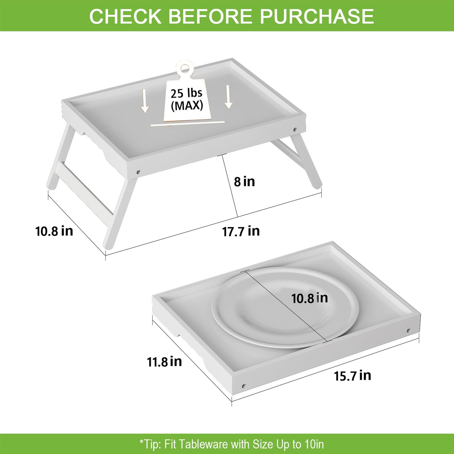 Youpehom Bed Tray Table with Folding Legs, Bamboo Breakfast in Bed for Kitchen Serving Tray, Sofa, Eating, Used As Laptop Desk Snack Tray (4 Pack, White Color)