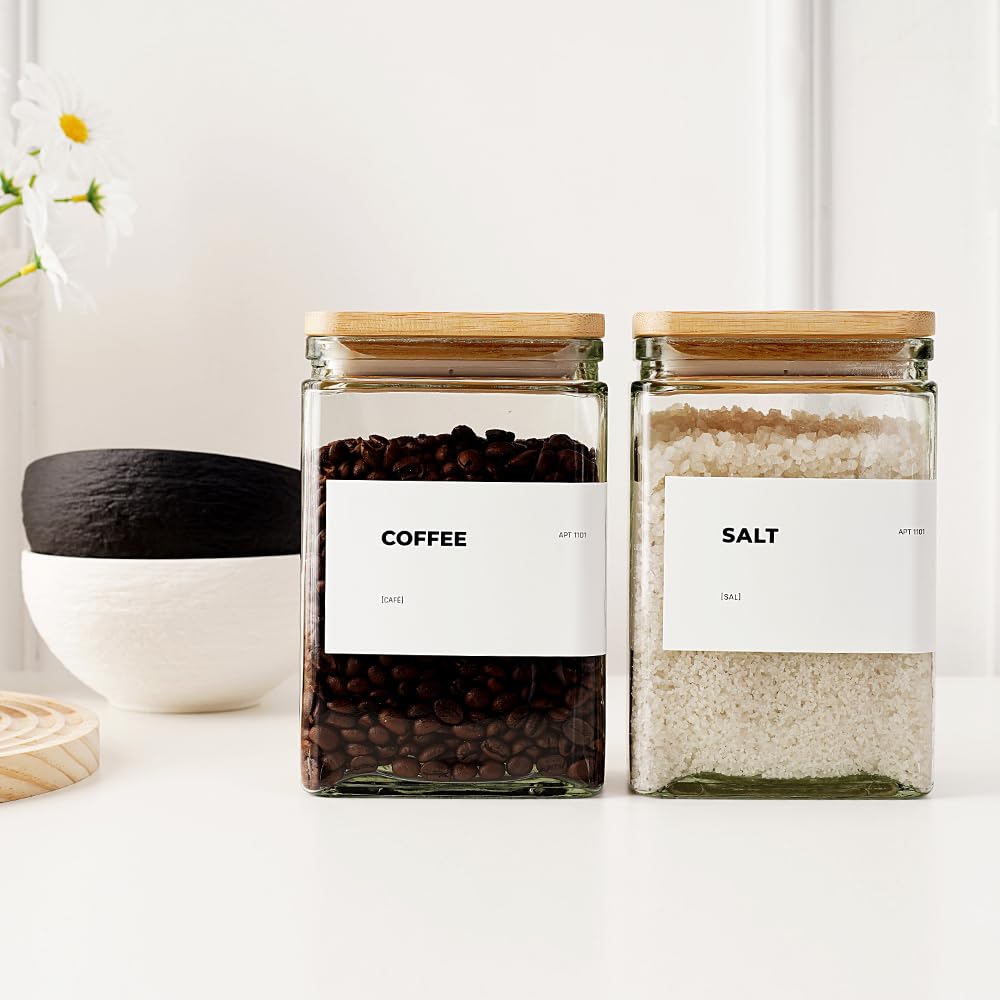 APT 1101 Glass Storage Jars with Bamboo Lid, glass canisters with airtight lids, Clear jars with lids for Spice, Cookie, Candy, Tea, Coffee Bean and Rice (White, 26 oz, Set of 6)