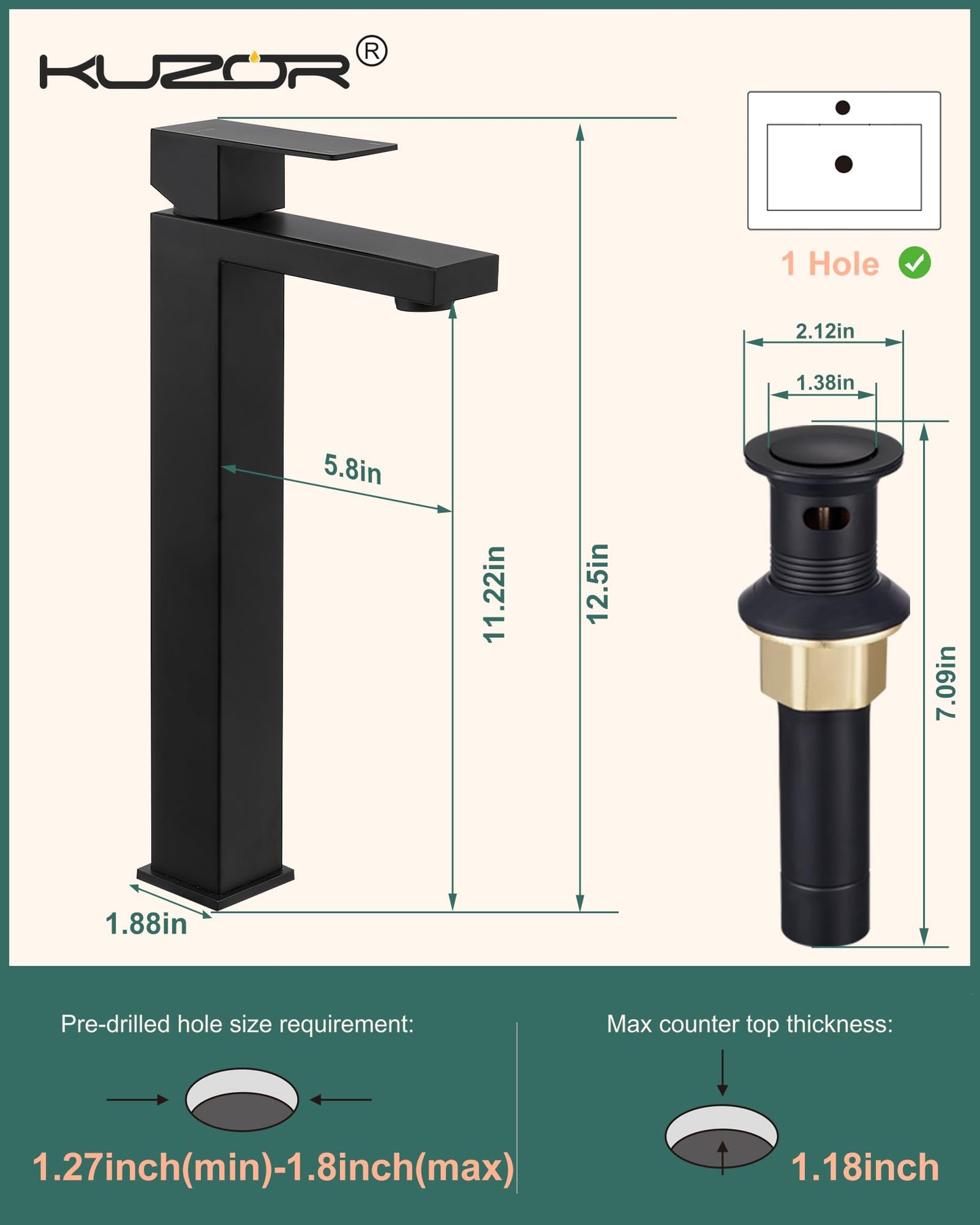 KUZOR 1PC Vessel Sink Faucet 304 Stainless Steel, Tall Bathroom Faucet 1 Hole 5-Minutes Installation - for Bathroom/Vanity/Bowl Sink - 12.5 Inch Height, 37.8 Oz Weight - Matte Black