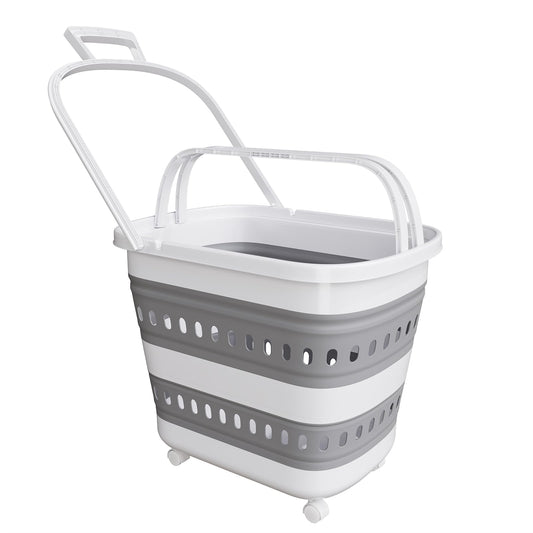 Collapsible Plastic Laundry Basket Hamper with Wheels, 45L Portable Rubber Clothes Basket, Pop Up Storage Container/Organizer with Hanging basket for Washing & Storage, Grey