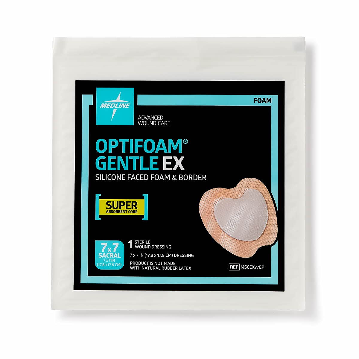 Medline Optifoam Gentle EX Bordered Foam Adhesive Dressing, 7" x 7" Sacral (5 Count)