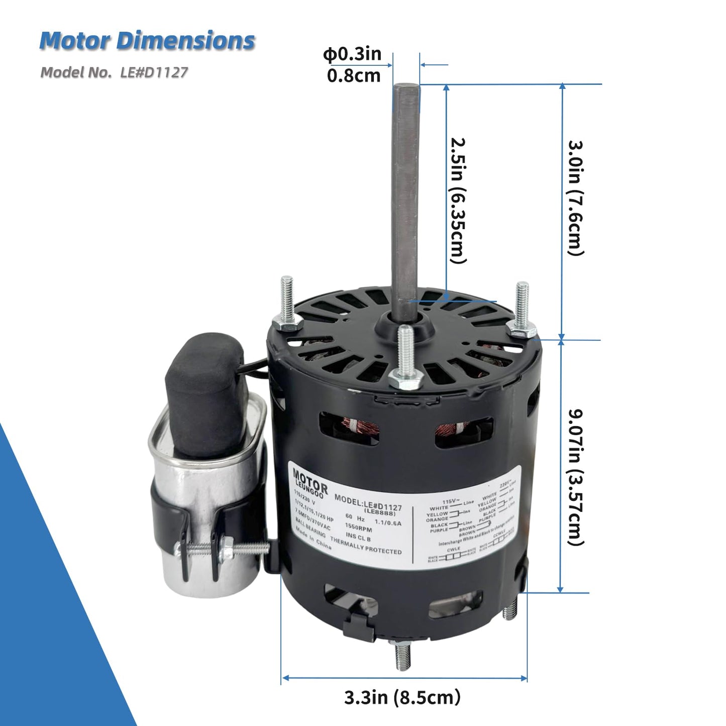 LEUNGOO 9721, D1127 Refrigeration Fan Motor Replaces Fasco Blower D1101 1126 Century 9650 AO Smith 9656 Bohn 25309101 5008, 1/12HP, 1/15, 1/20HP, 3.3in 1550RPM 115/230V, 60Hz 1.1/0.6A PD1127 EM1127