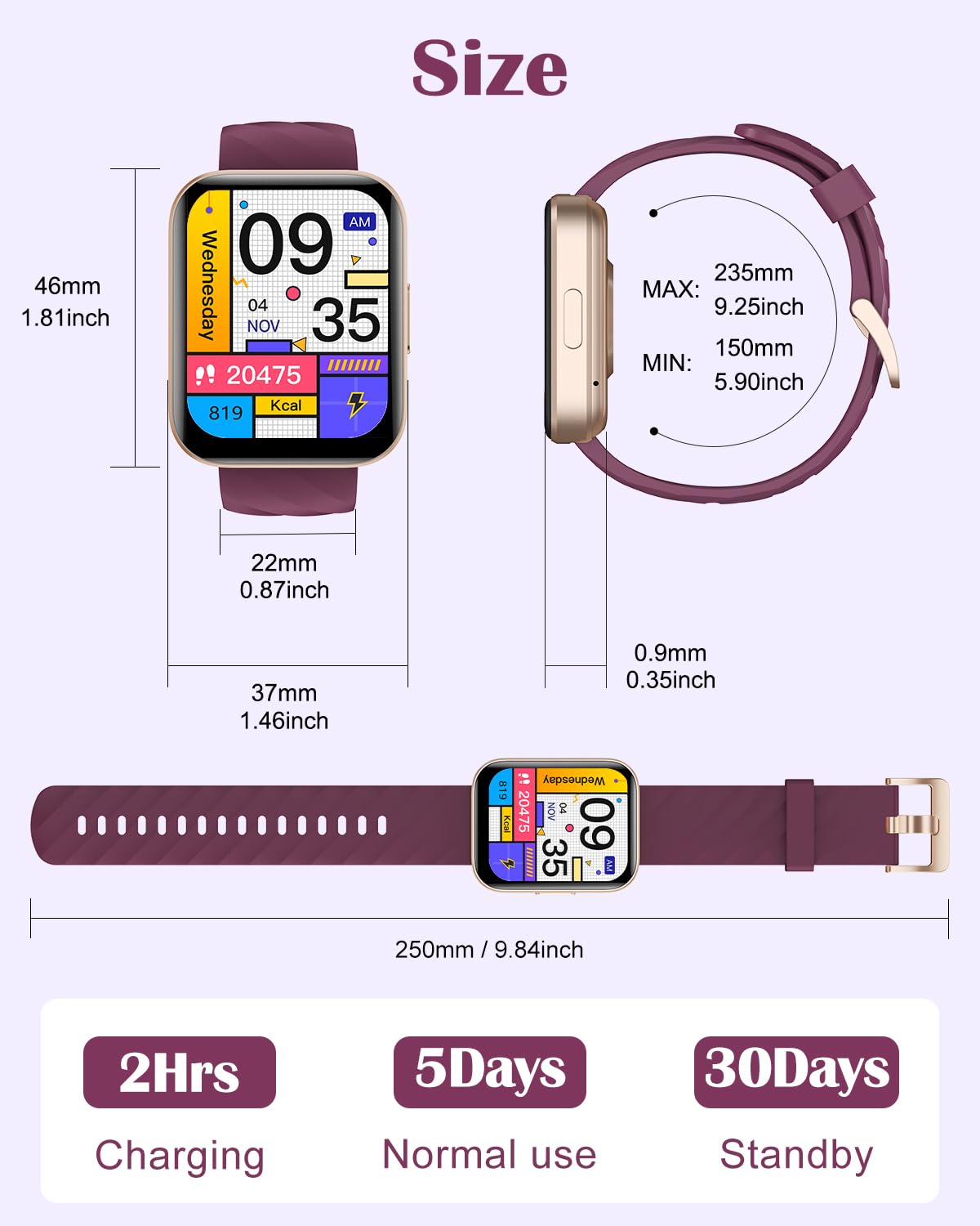 RUIMEN Smart Watches for Women Men (Answer/Make Calls) Compatible with iPhone/Android Phones, 1.85" HD Screen Fitness Tracker Heart Rate Monitor 100+ Sports Tracker Watch Waterproof (Purple)