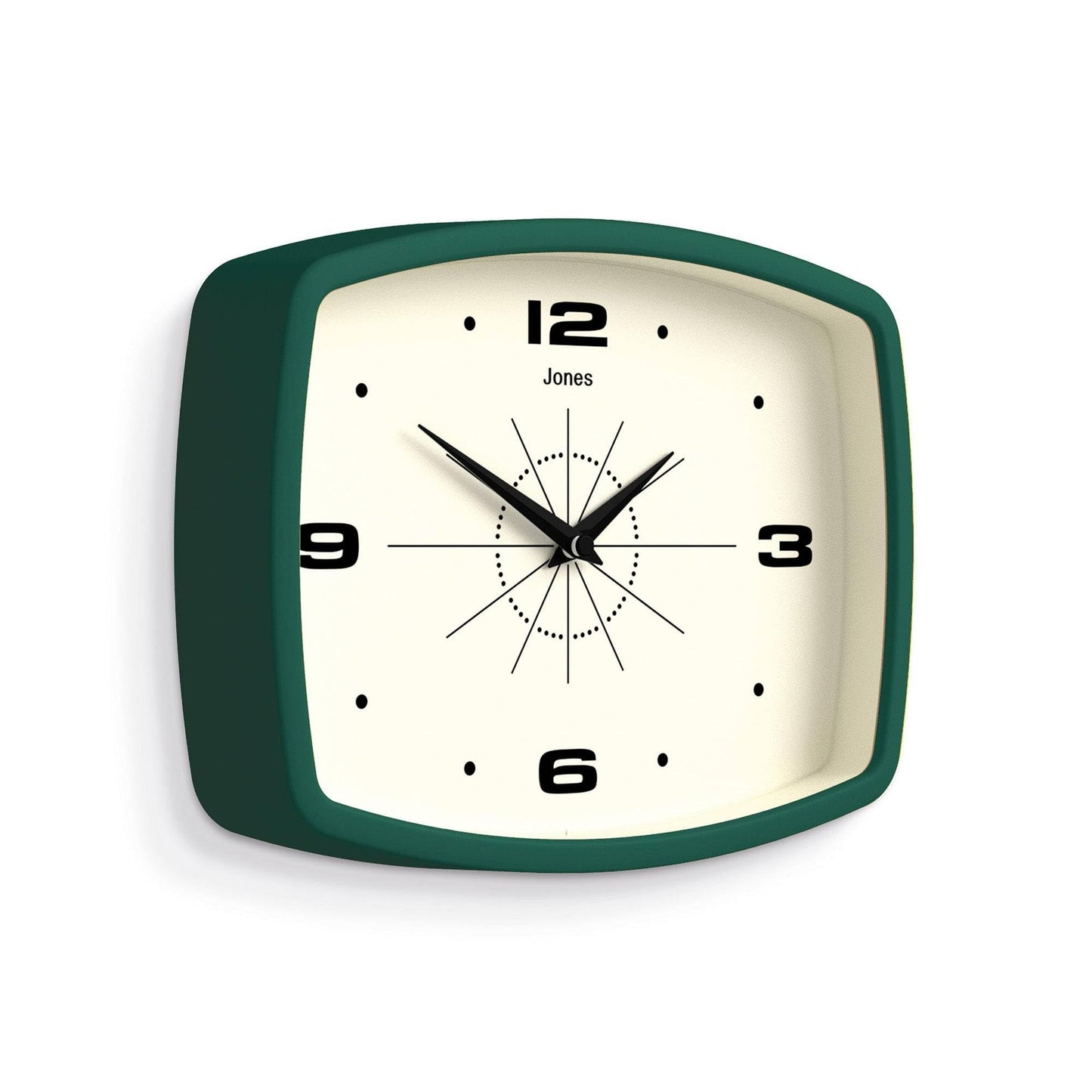 JONES CLOCKS® Movie wall Clock | Retro Rectangular Clock | 10 inch | Dark Green | Cool mid-Century Designer Look for Kitchen, Living Room or Office