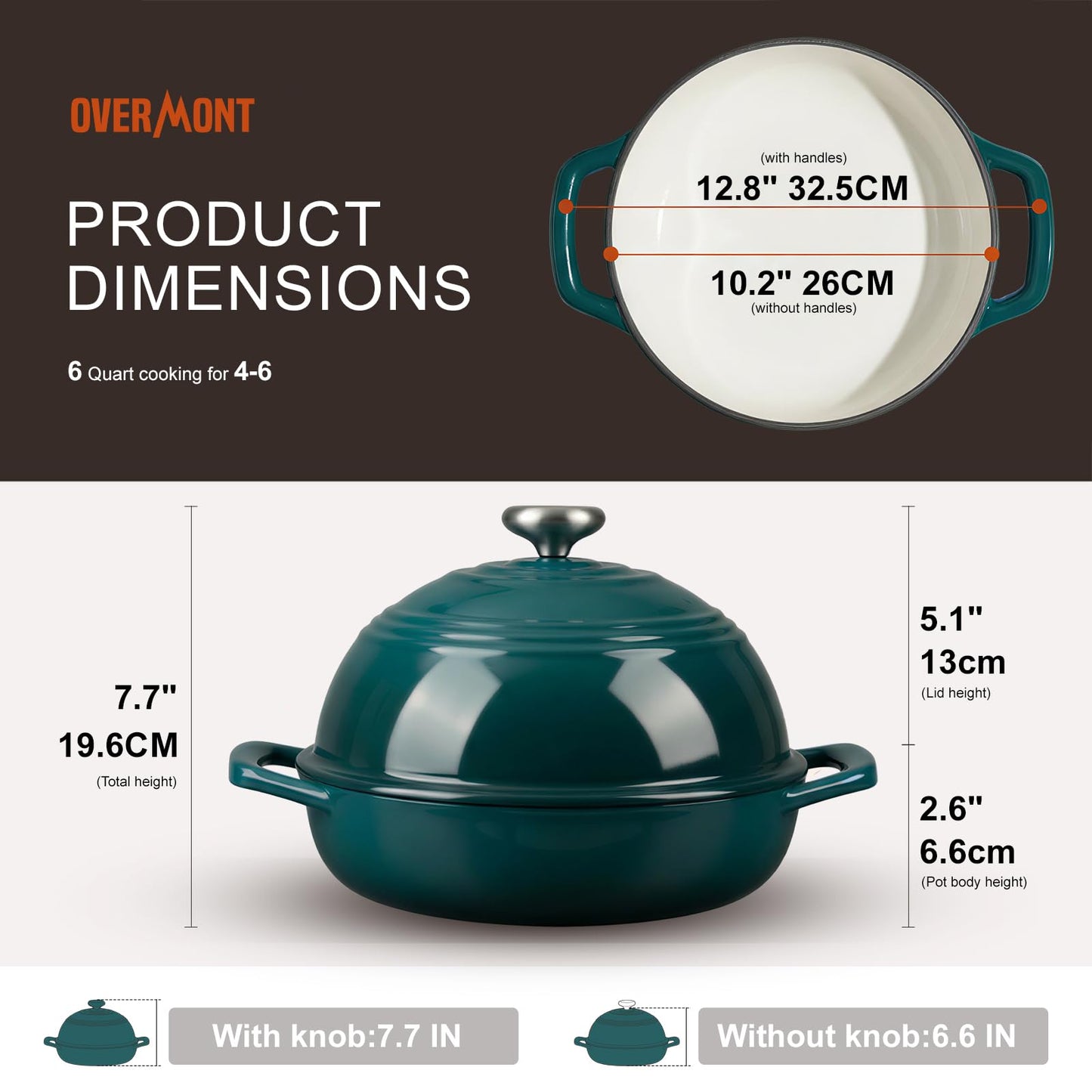 Overmont 6QT Enameled Cast Iron Bread Oven — Taller Body for Even Baking, Durable & Easy-to-Clean, Includes Dome Lid, Cotton Potholders & Cookbook, Perfect for Home Bakers & Sourdough Enthusiasts