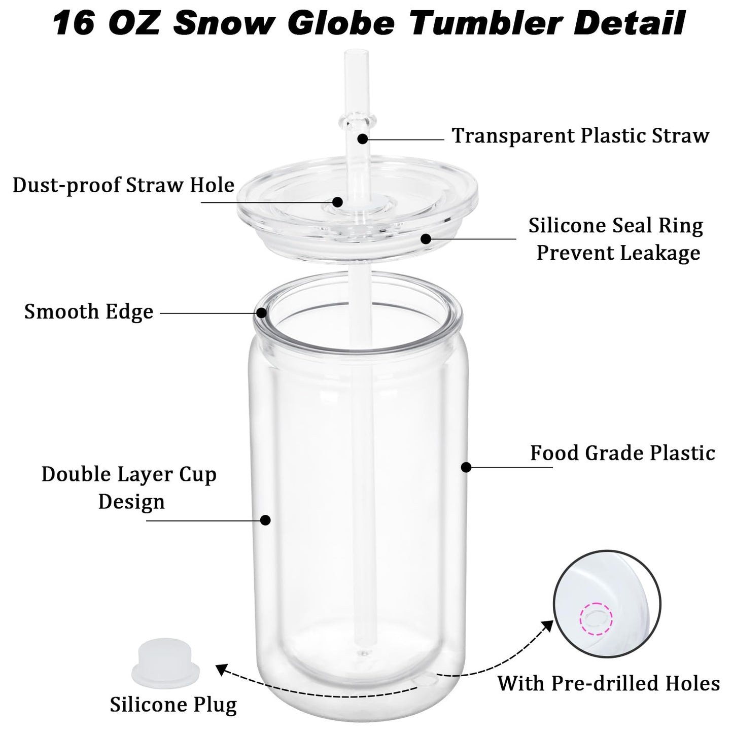 Micellwuu 16 oz Plastic Snow Globe Tumbler, 16 Pack Double Wall Snowglobe Tumbler with Pre Drilled Hole, Plastic Mason Jar Cups Can for Snow Globe Glitter DIY (Clear)