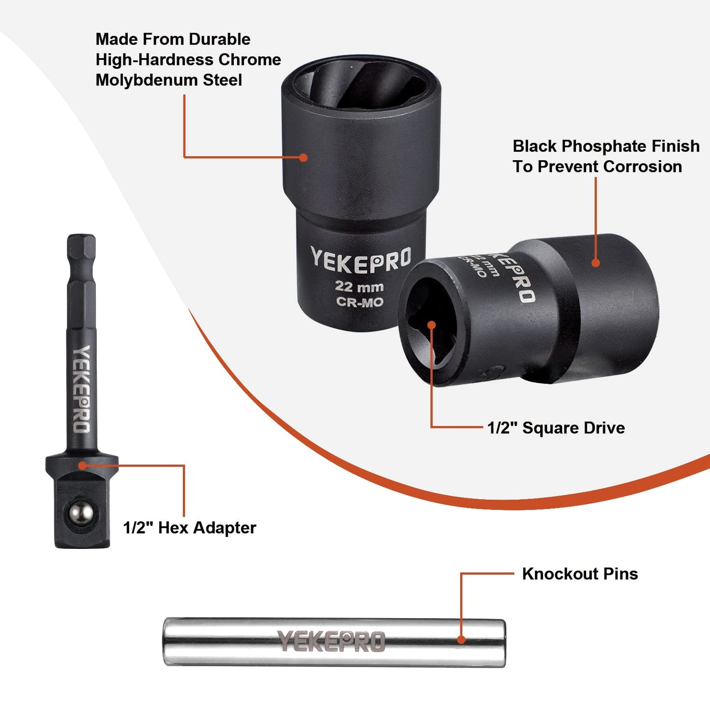YEKEPRO 16PCS Bolt Extractor Set, 1/2" Drive Impact Twist Socket Set, Stripped Bolt Extractor for Removing Damaged, Frozen, Rusted, Rounded-Off Bolts, Nuts & Screws, Cr-Mo Steel
