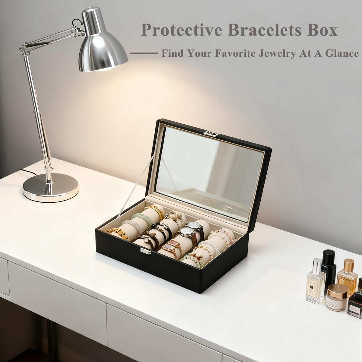 XHMQYC Bracelets Organizer Rods Bangles Display Holder, Clear See through Lid Leather Velvet Jewelry Storage Box Case for Women, 4 Rods Black Leather