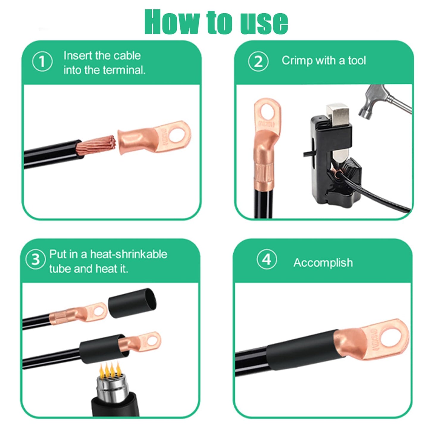 Twidec/230PCS Battery Cable Ends Kit AWG 8 6 4 2 1 1/0 2/0 Heavy Duty Copper Lugs Copper Cable Wire Lugs,Coppers Ring Terminals Connectors with Heat Shrink Tube N-099-230PCS