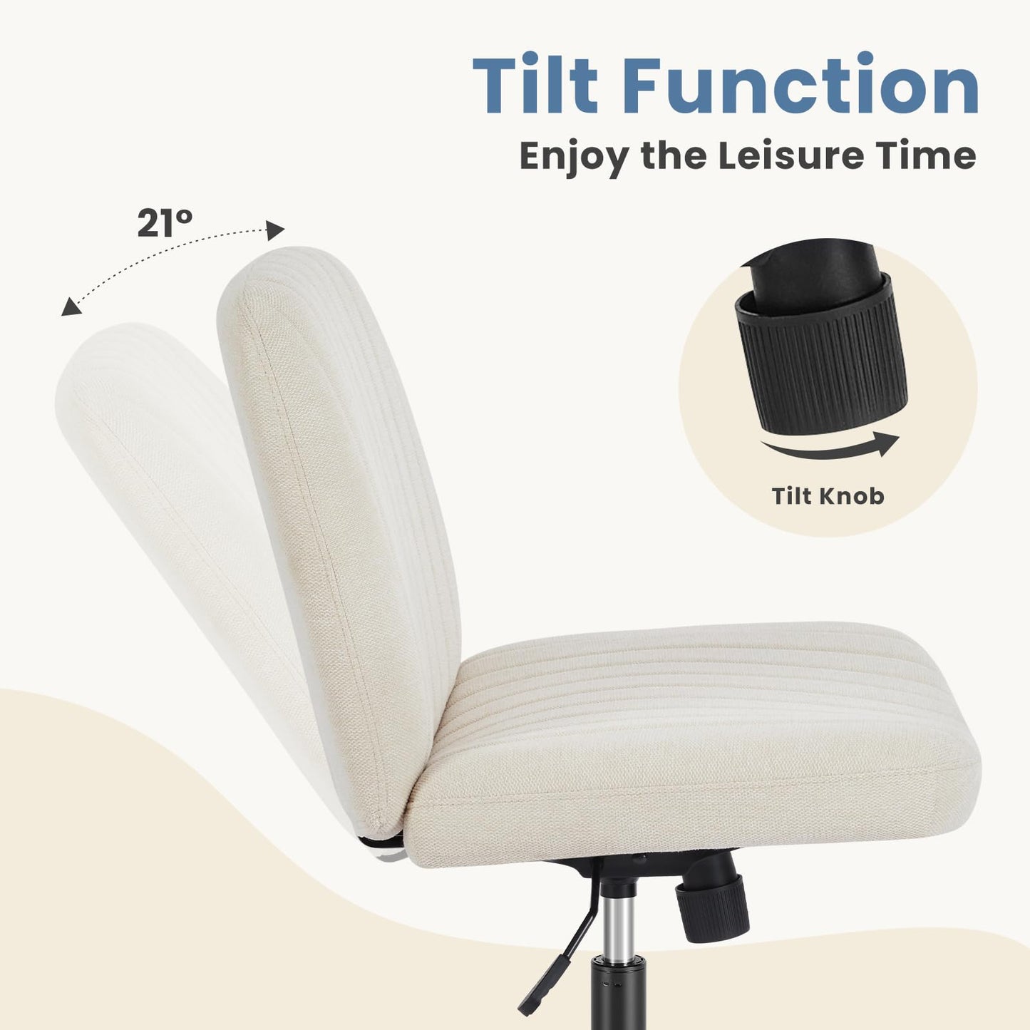 DUMOS Criss Cross Chair No Wheels Legged Office Wide Comfy Desk Vanity Chair, Armless Computer Task Seating, Swivel Home Height Adjustable for Bedroom, Study, Beige Fabric