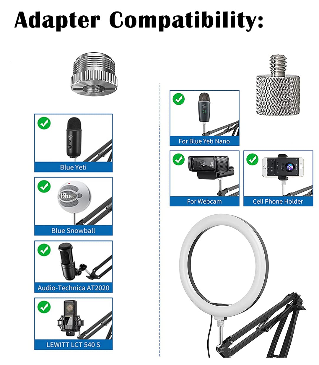 Luling Arts Boom Arm Suspension Mic Heavy Duty Microphone Arm for Blue Yeti, Hyperx Quadcast, Adjustable Boom Mic Stand Desk with Pop Filter, 1/4“-3/8“-5/8“ Adapter, Mic Mounts,Broadcast
