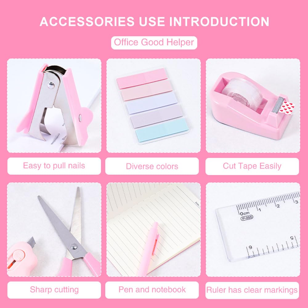Gawsey Desk Organizers and Accessories with Desk Organizer 360° Rotating Pen Holder and Office Supplies, Cute Stationery Supplies Set (Pink)