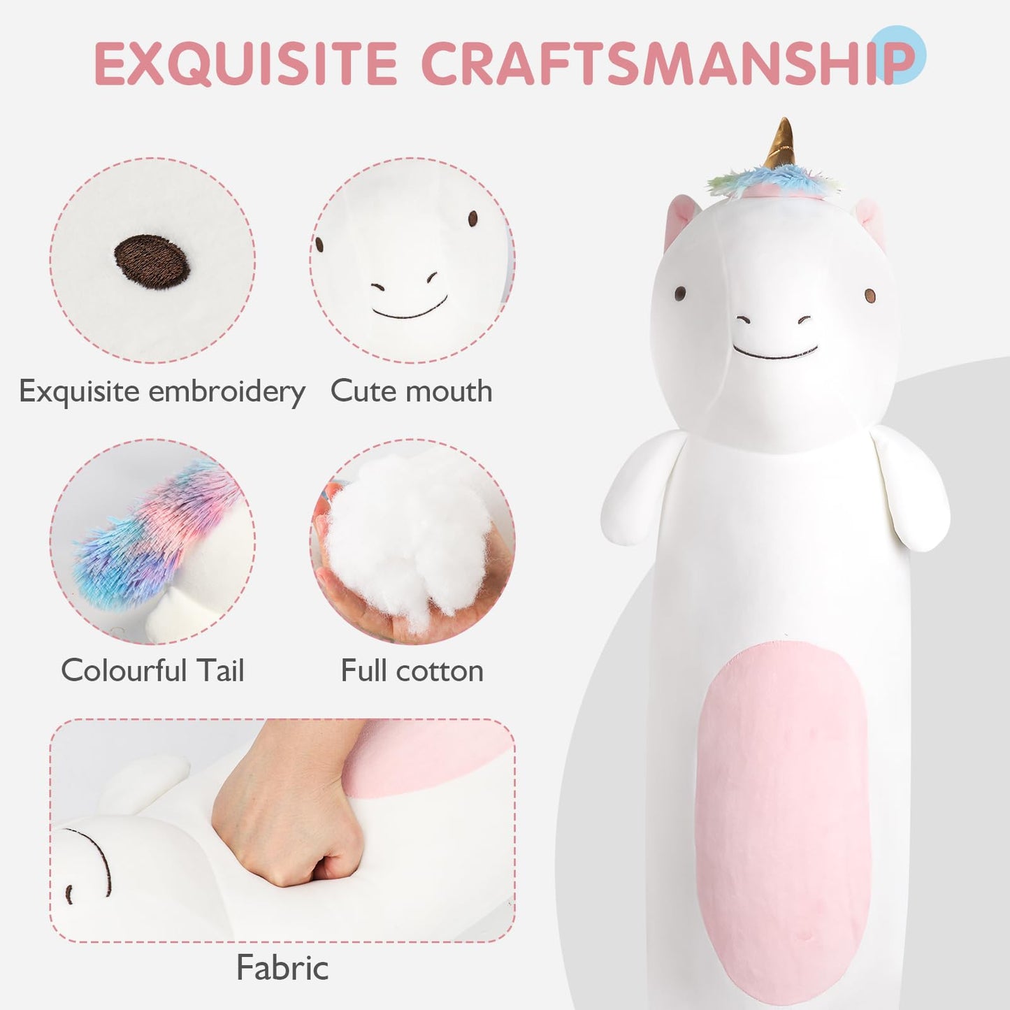 Tianmihou 36” Long Unicorn Plush Body Pillow, Cute Rainbow Unicorn Stuffed Animals, Unicor Squishy Soft Plushies Toy, Gifts for Kids Girls and Boys, Birthday, Valentine's Day