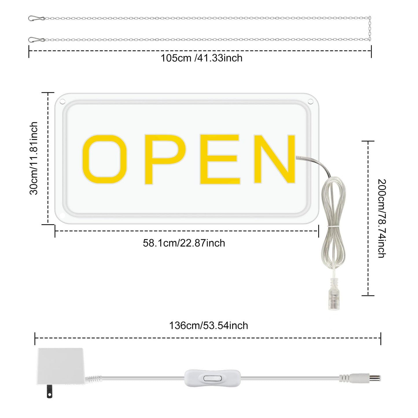 22.8"x 11.8" Ultra Bright 12V Neon Open Sign for Business, LED Open Neon Sign, Electric Light up Signs for Stores, Restaurants Offices Retail Shops Window (Yellow-White-Horizontal)