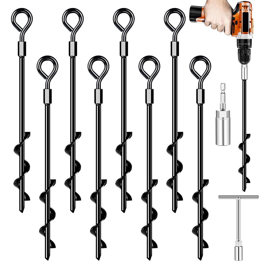 Ground Anchors, Trampoline Anchors Heavy Duty Screw in Ground Anchors 8Pack，Tent Stakes for Camping Tent, Trampoline, Canopies, Carports, Sheds, Swing Sets,14in Ground Anchors for High Winds, Black