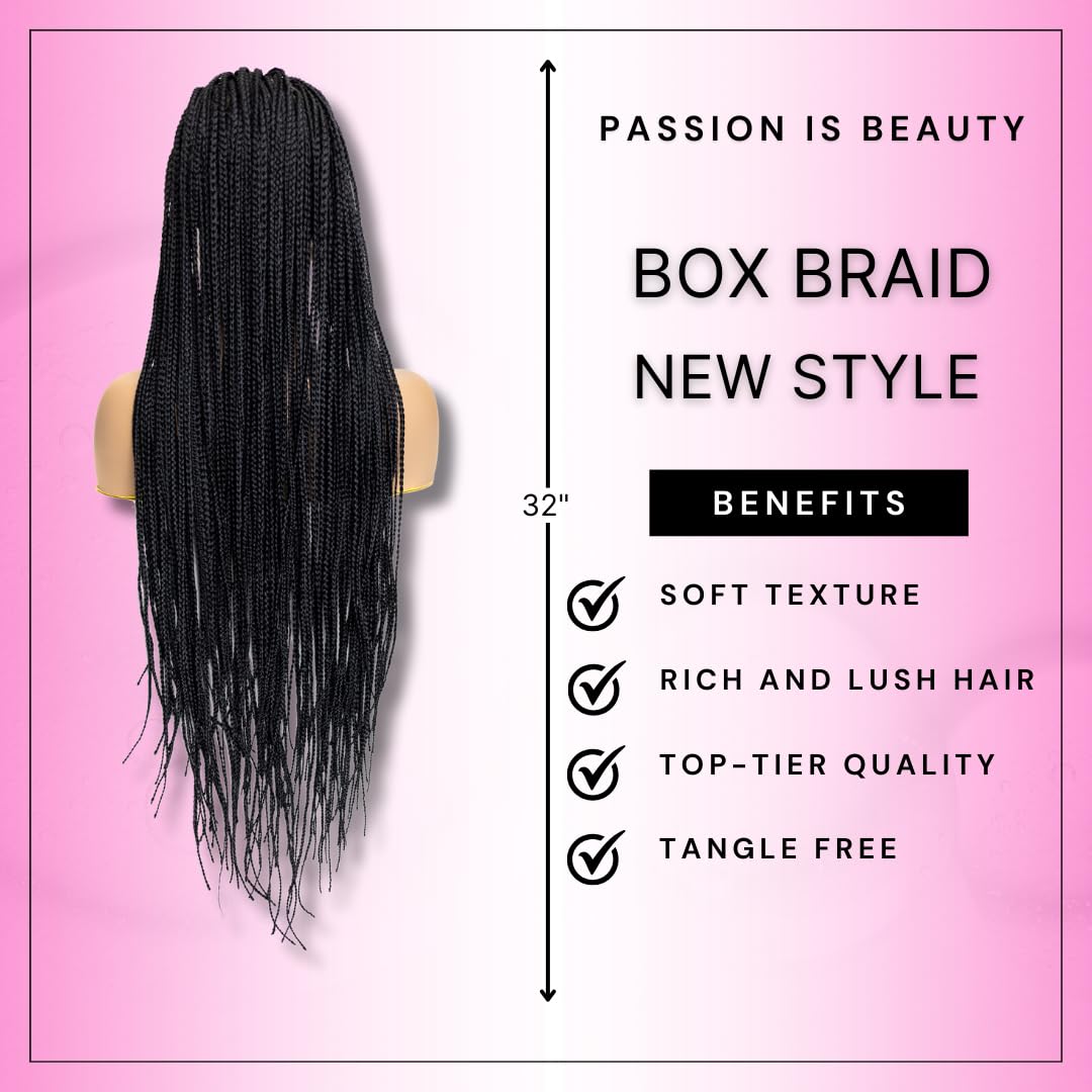 PIB Single Full Lace Knotless Box Braid Wig Square Parted Braided Wigs for Black Women Braid Wig with Natural Baby Hair (#1B Off Black, 32")