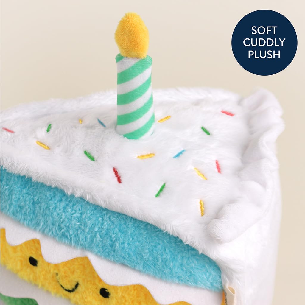 Itzy Ritzy Snuggles Plush Toy – Soft Stuffed Animal for Babies, Kids & Adults – Sensory Ribbons & Textured Fabrics for Tactile Play – Cozy & Cuddly Companion for Newborns & Up (Birthday Cake)