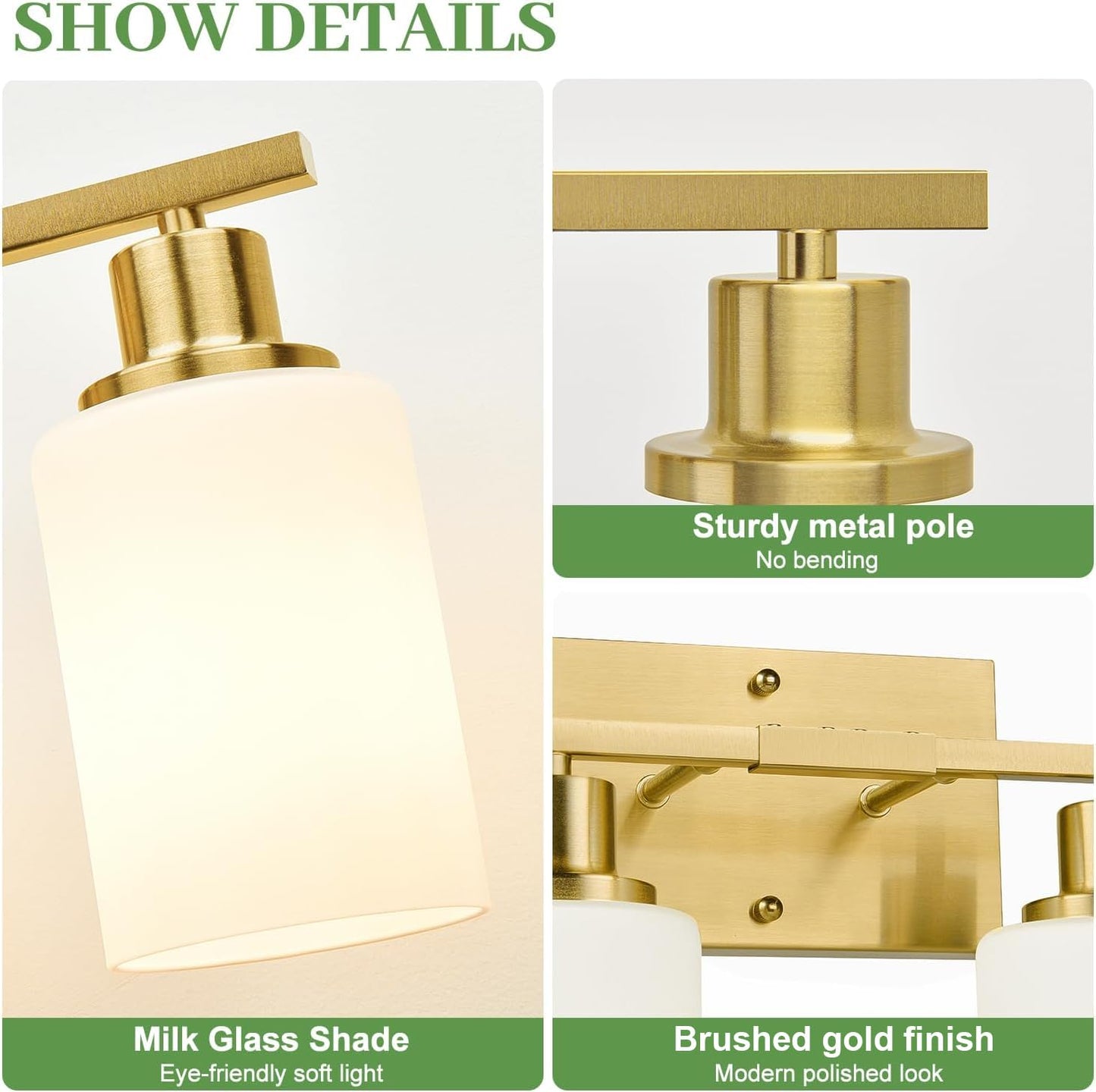 MOKATNG 4-Light Bathroom Light Fixtures, Brushed Gold Vanity Light with Milky White Shades, Bathroom Lighting Fixtures Over Mirror, Modern Bathroom Wall Lamp for Mirror Living Room Cabinet Bedroom