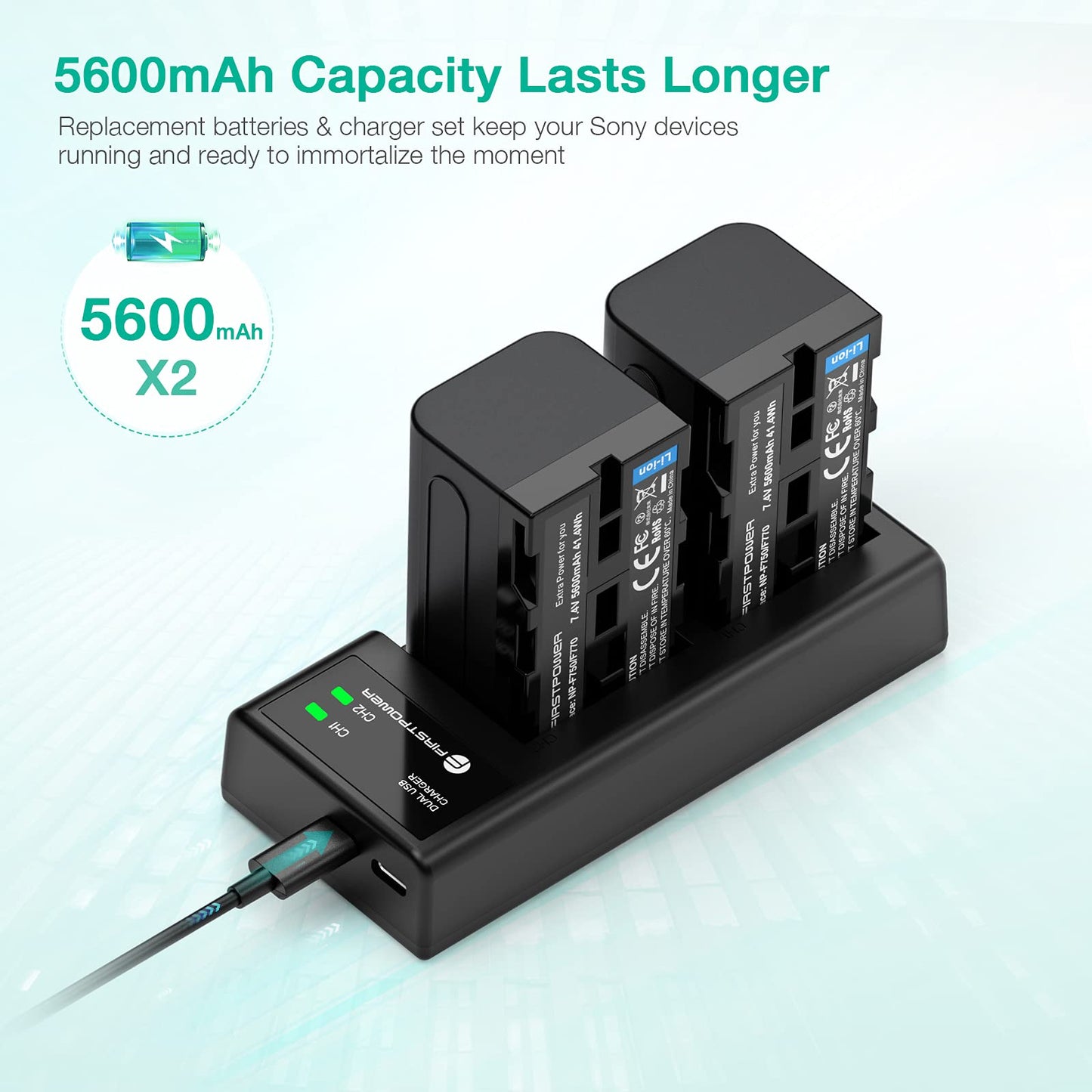 FirstPower NP-F750 Battery (2-Pack/5600mAh) and Dual USB Charger for Sony NP-F550 F570 F750 F770 F960 F970 Battery Sony CCD-TRV215 CCD-TR917 CCD-TR315 HDR-FX1000 HDR-FX7 HVR-V1U HVR-Z7U HVR-Z5U