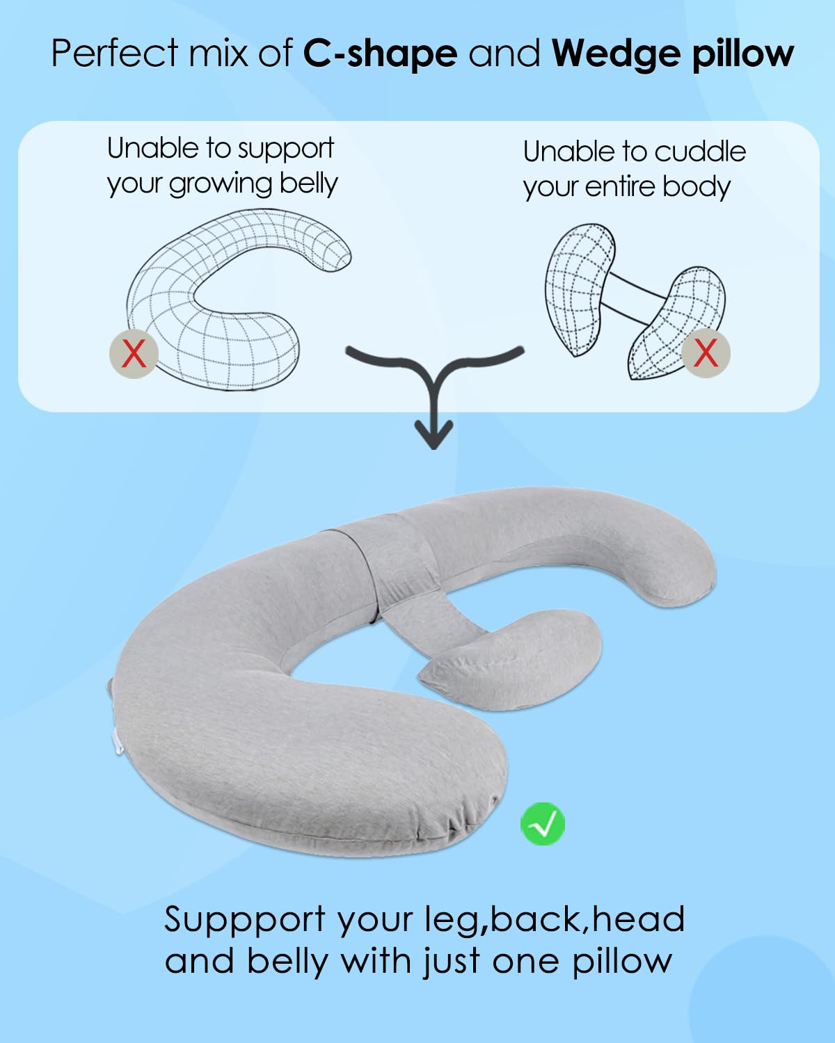 QUEEN ROSE Pregnancy Pillow, E Shaped Body Pillows for Sleeping Support, 60 Inch Maternity Pillow for Pregnant Women with Cooling Silky Cover, Grey