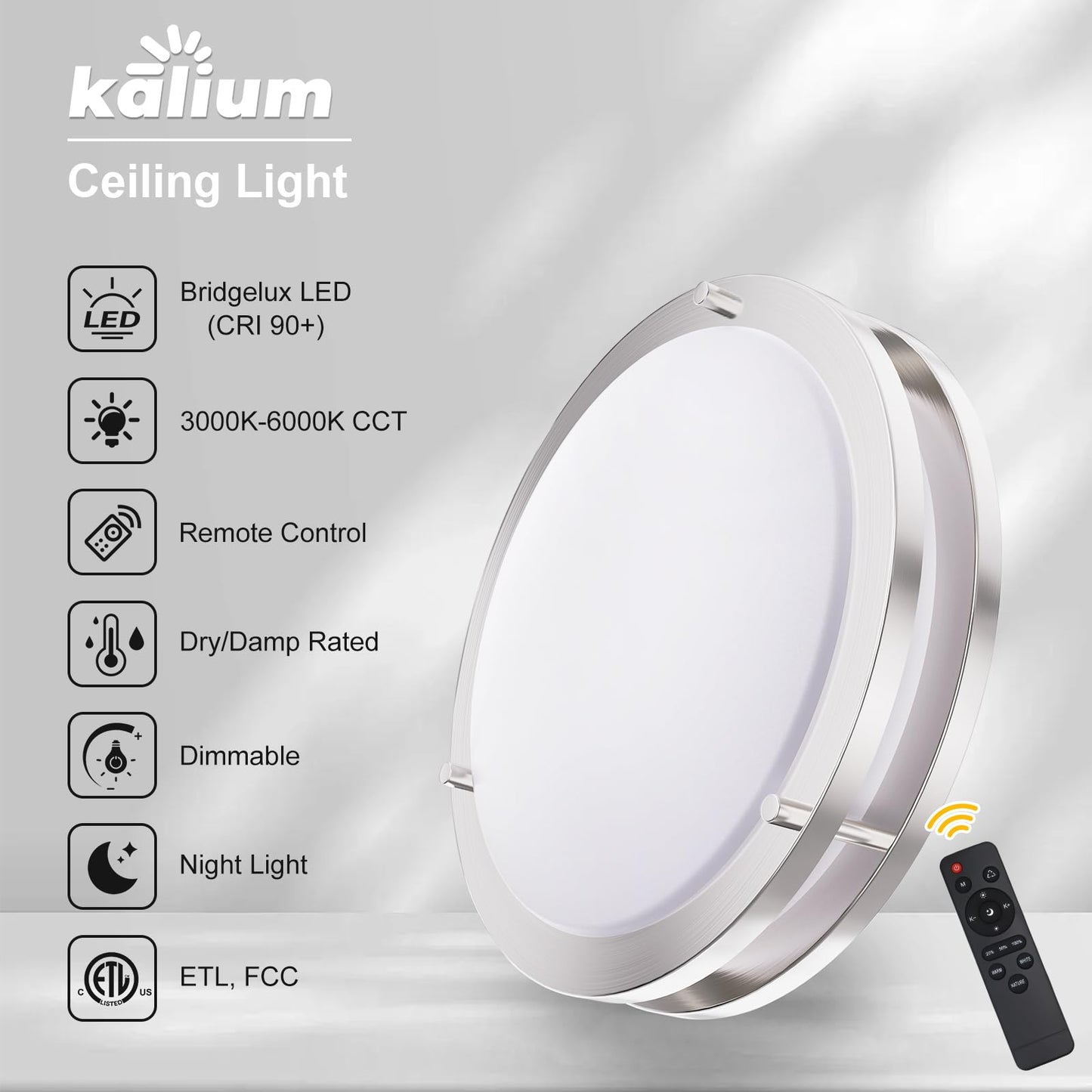 Kalium LED Ceiling Light with Remote 16 Inch Flush Mount Ceiling Light Fixture, 32W 3000K-6000K Adjustable Color Temperature, Dimmable Lighting Fixtures for Kitchen Bedroom Hardwired Installation