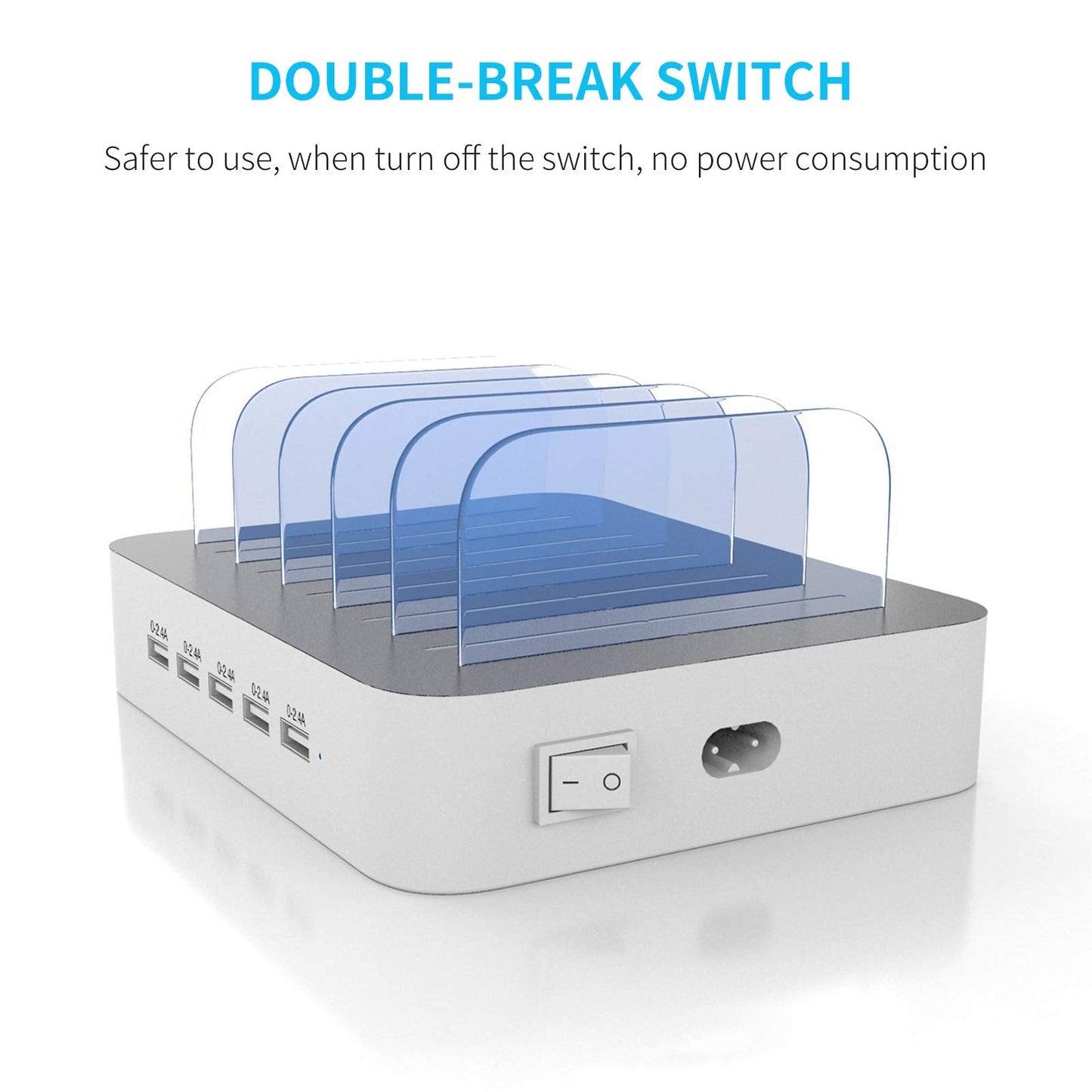 Charging Station for Multiple Devices, MSTJRY 5 Port Multi USB-A Charger Station with Power Switch Designed for iPhone iPad Cell Phone Tablets (White, 6 Mixed Short Cables Included)