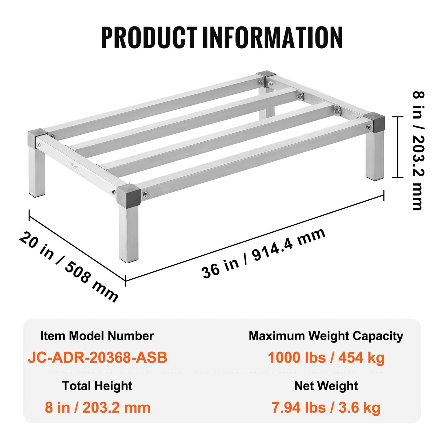 VEVOR Aluminum Dunnage Rack, 36” x 20” Commercial Food Floor Rack, 8” Off The Floor, 1000 lbs Capacity All-Welded Aluminum Storage, for Storage in Restaurants, Kitchens, Garages and Vehicles